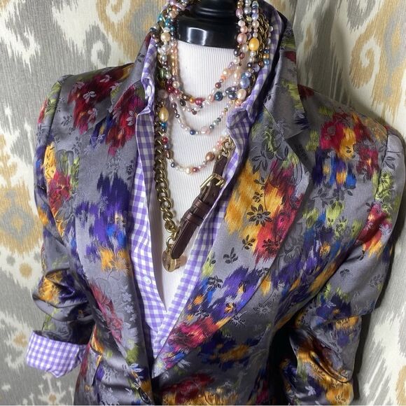 Ralph Lauren Watercolor Multicolored Floral Gray Silk Jacquard Dinner Jacket - Picture 8 of 16